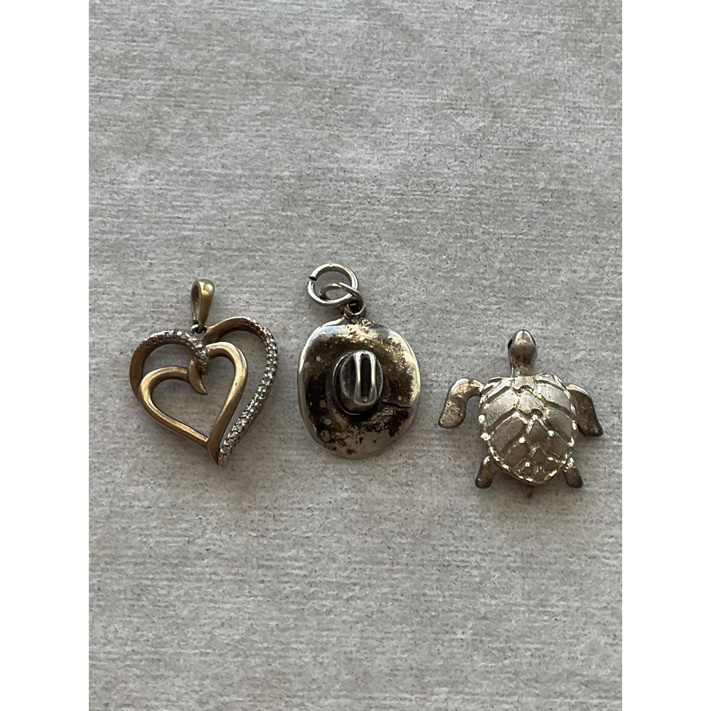 Lot Of 3 925 Sterling Silver Pendants Turtle Hat Heart Vintage Estate Jewelry